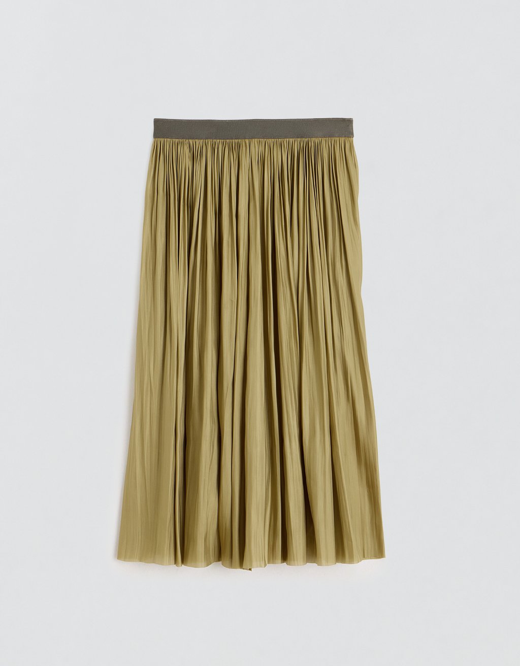 Olive pleated maxi skirt with elasticized waistband on a light gray background