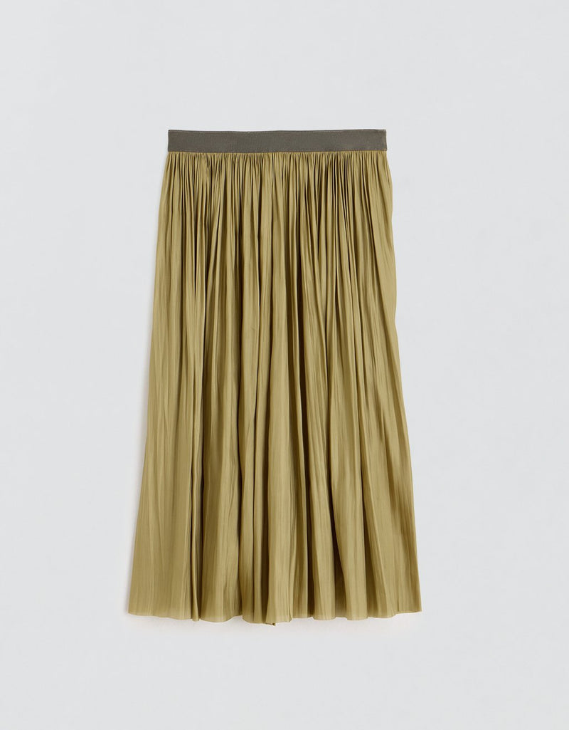 Olive pleated maxi skirt with elasticized waistband on a light gray background