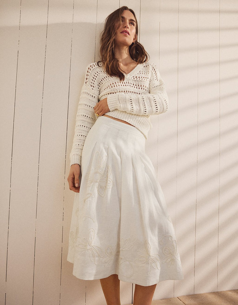 Unsubscribed Embellished Linen Midi Skirt