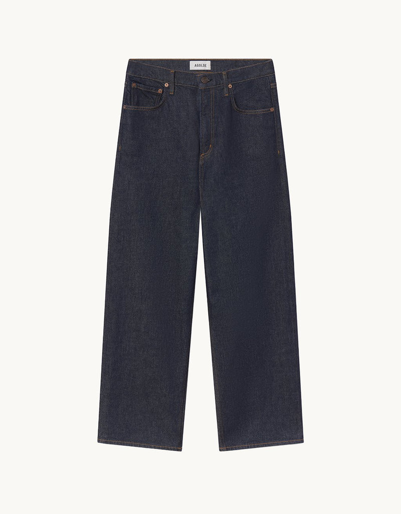 Pair of high-rise dark blue wide-leg jeans on a light gray background