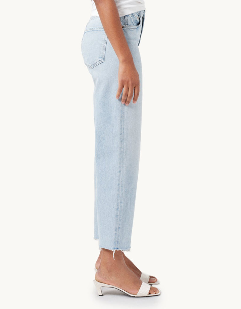 Light blue high-rise, wide-leg jeans worn by a person on a white background
