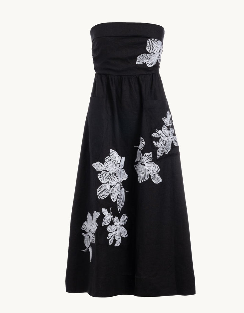 unsubscribed strapless embroidered linen dress