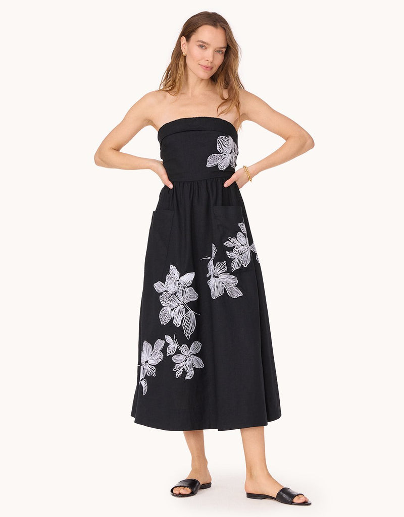 unsubscribed strapless embroidered linen dress