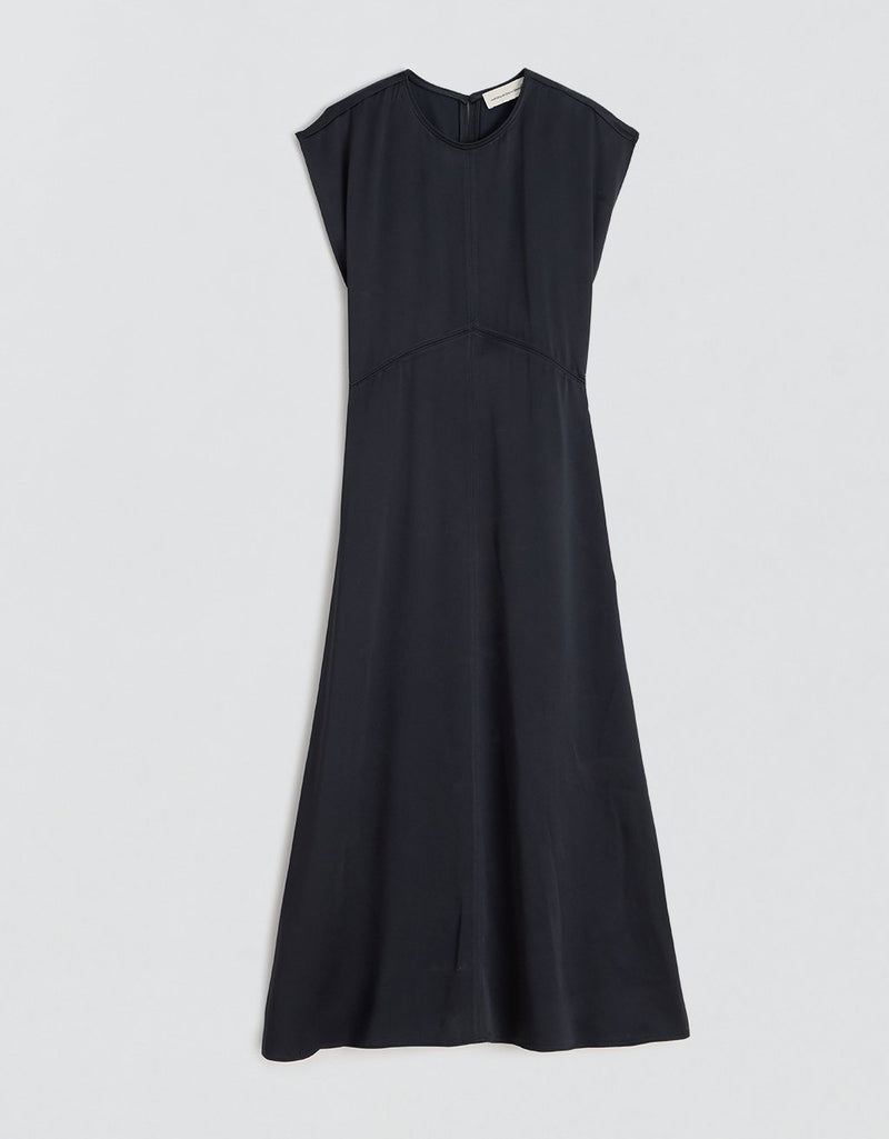 Navy satin dress on a light gray background