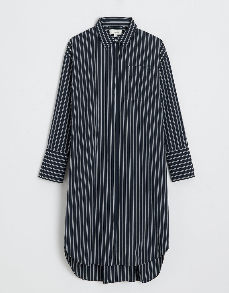 Navy and white striped shirtdress on a light gray background