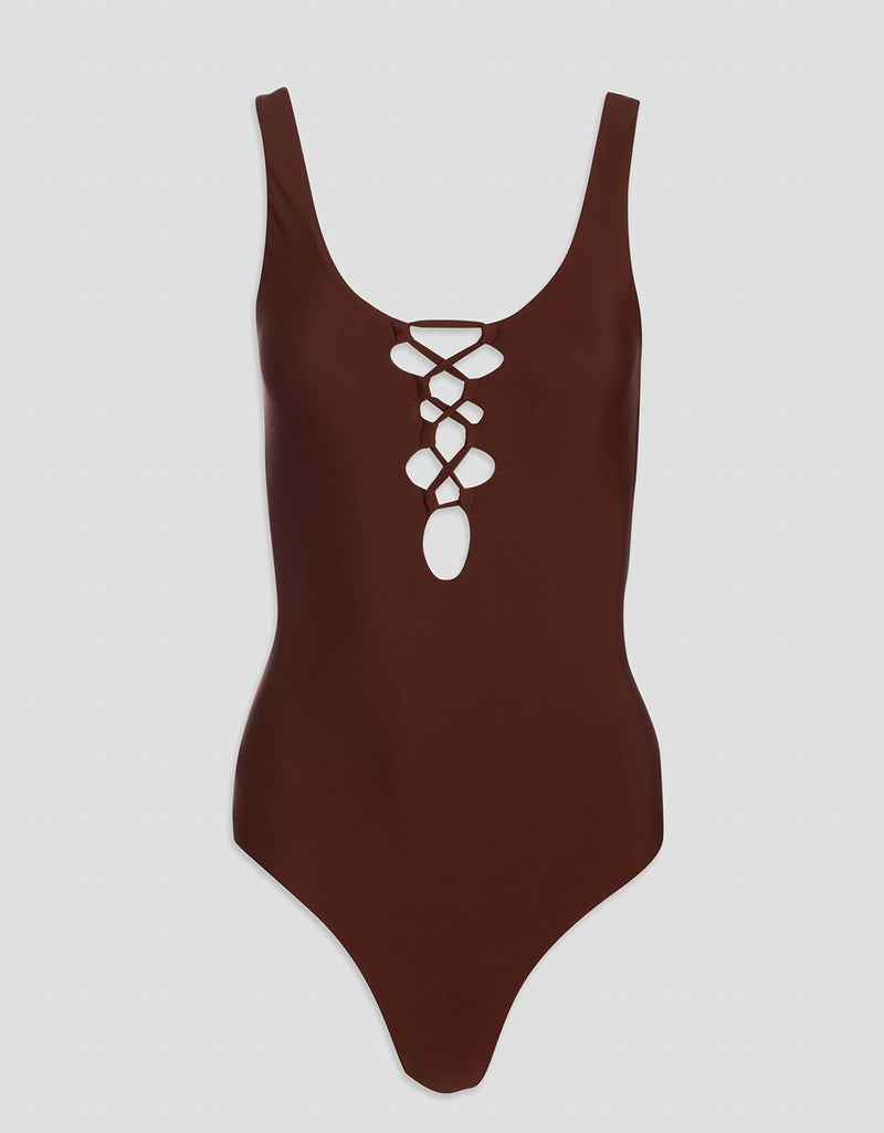unsubscribed recycled nylon lace up one piece swimsuit