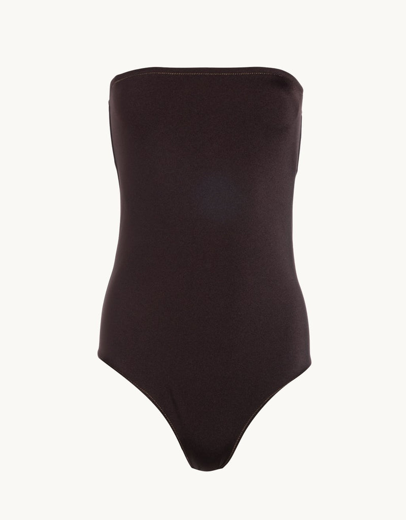 unsubscribed strapless recycled nylon shimmer one piece