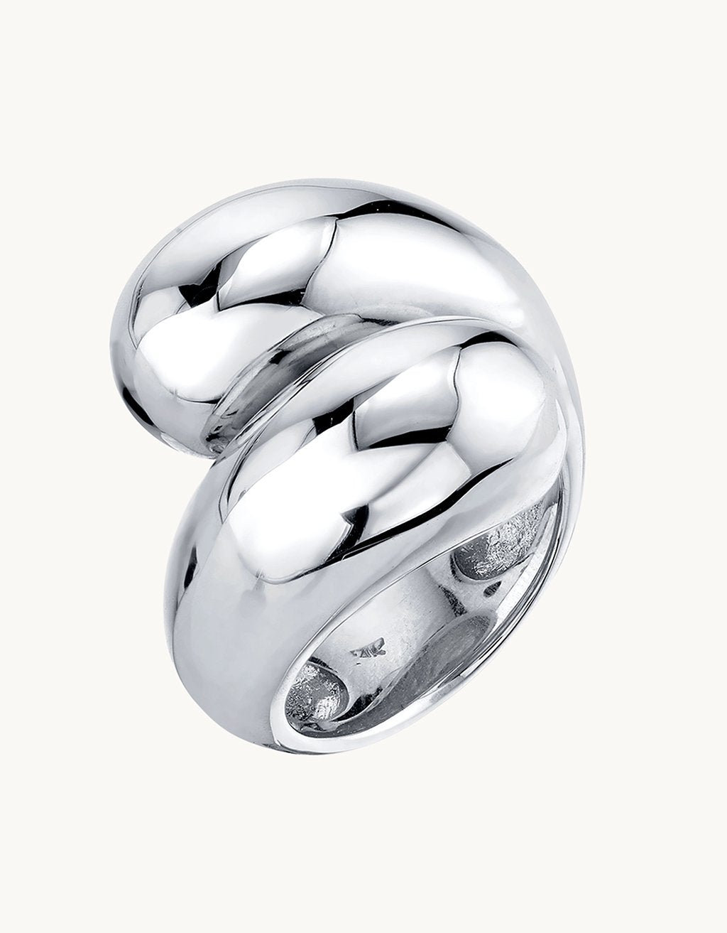 Silver structural double apse ring on a plain background