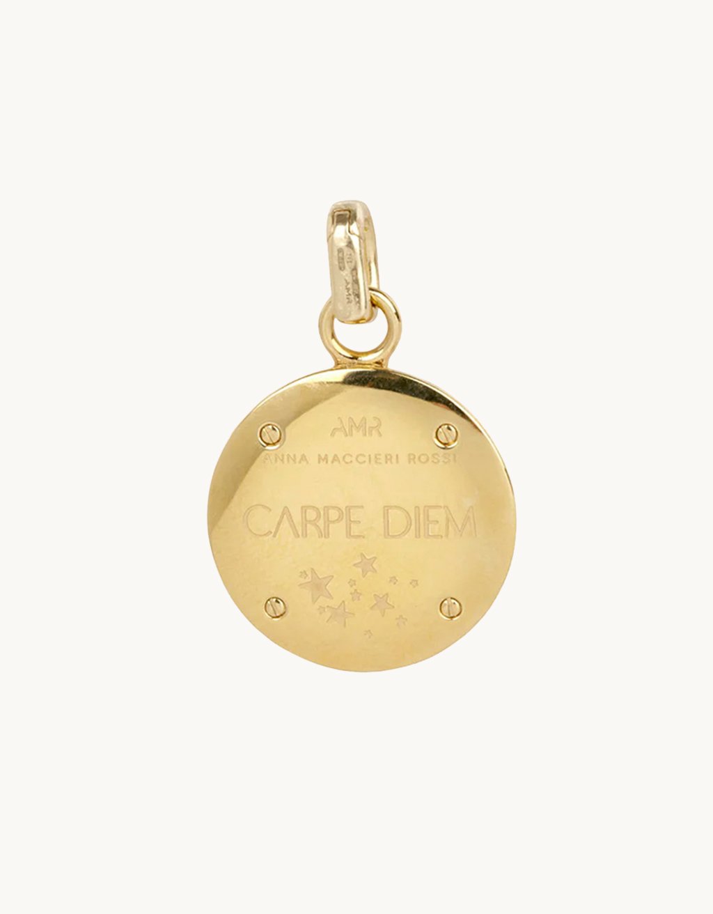 Back view of a gold pendant with 'CARPE DIEM' engraving on a light gray background