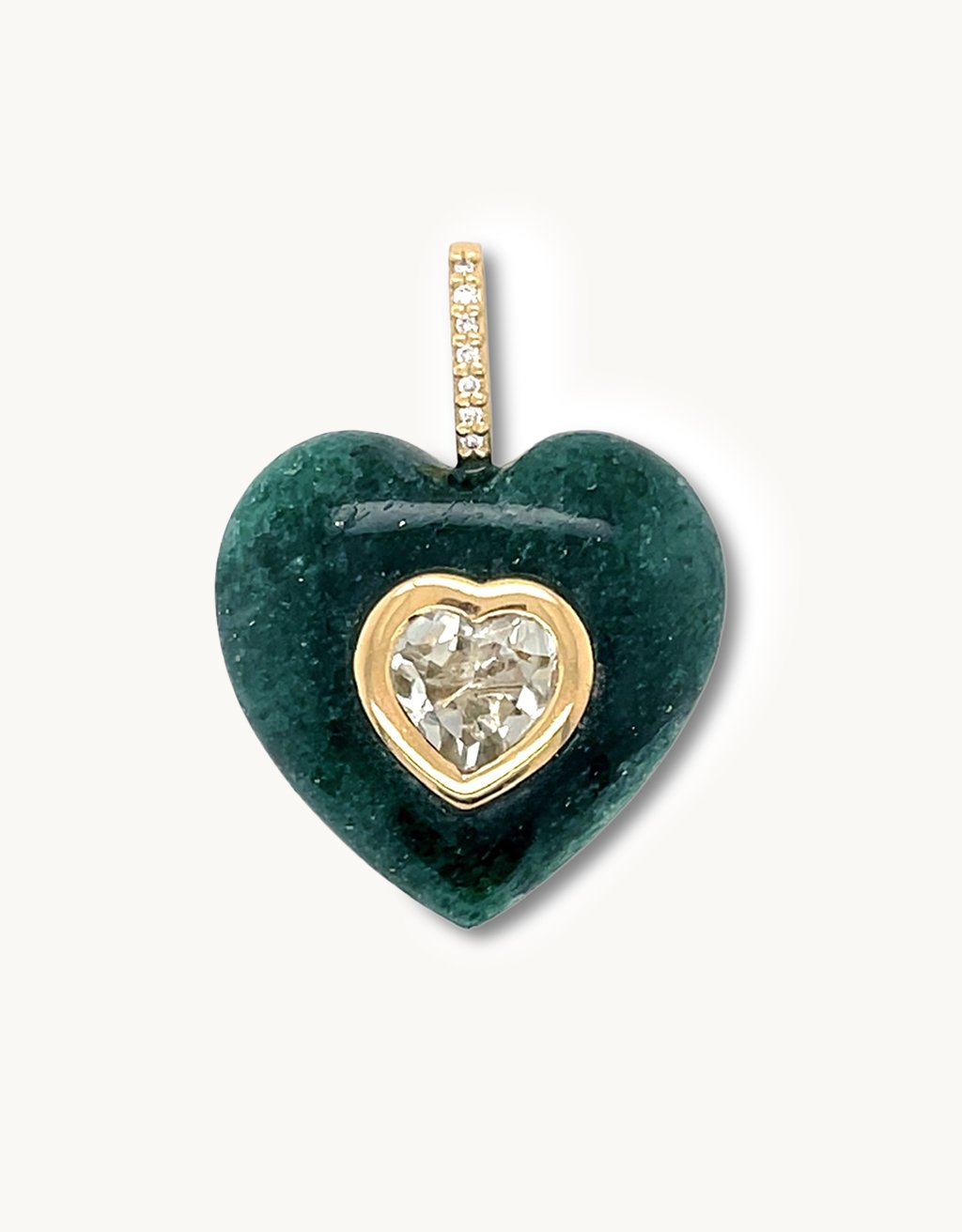 Green Aventurine gemstone with a single green amethyst center stone and diamond bail on a light gray background