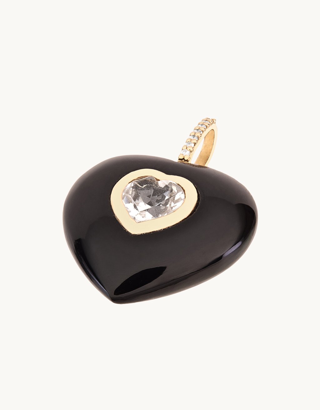 Heart-shaped Black Onyx pendant with a single center White Topaz stone and diamond bail on a light gray background