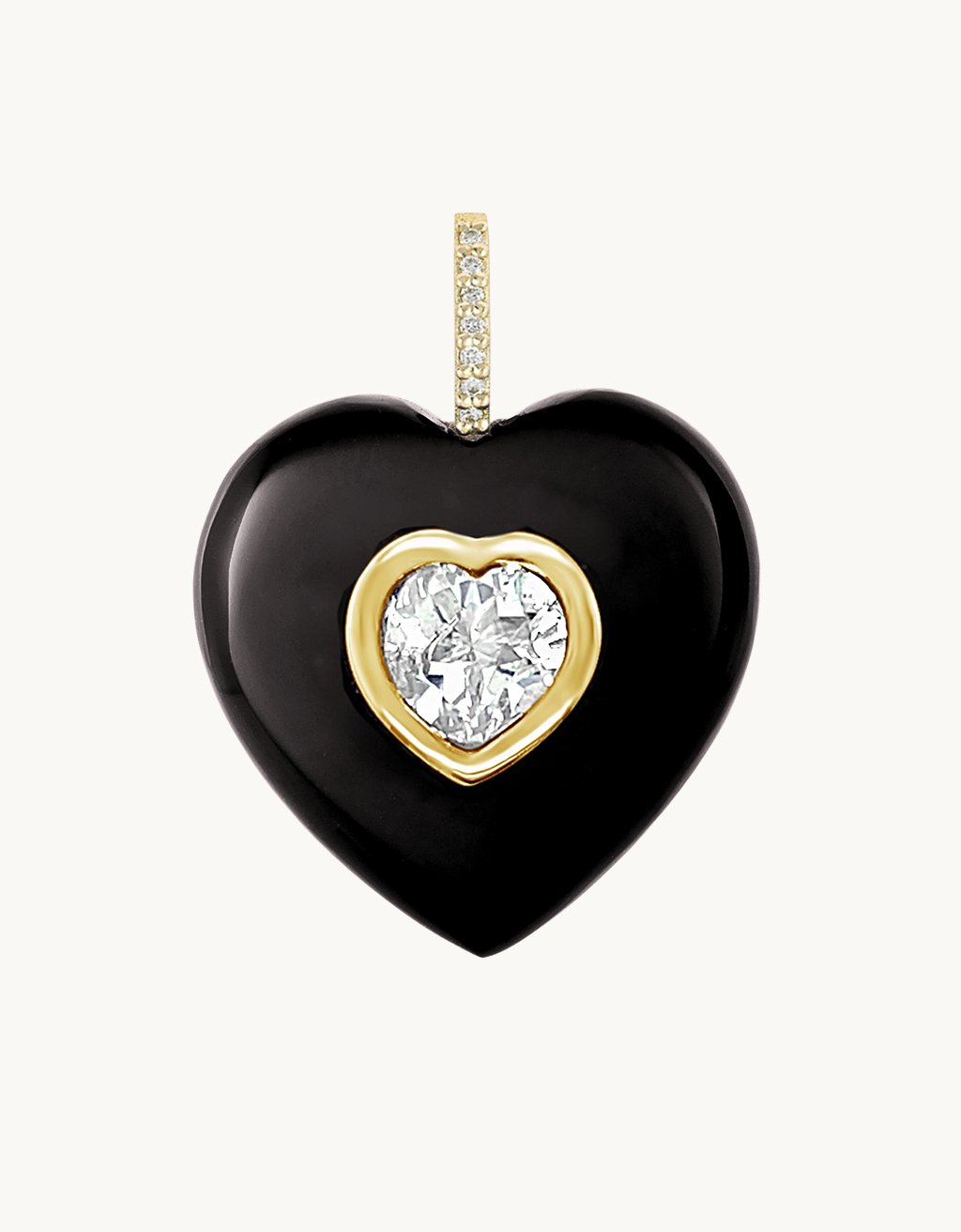 Heart-shaped Black Onyx pendant with a single center White Topaz stone and diamond bail on a light gray background