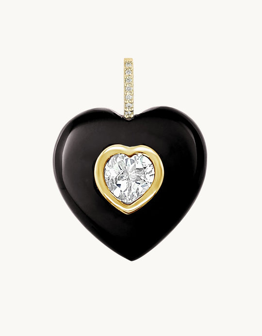 Heart-shaped Black Onyx pendant with a single center White Topaz stone and diamond bail on a light gray background