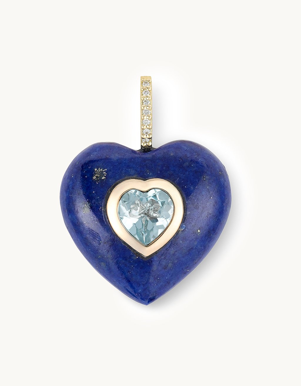 Heart-shaped Lapis Lazuli gemstone pendant with a single Blue Topaz center stone and diamond bail on a light gray background