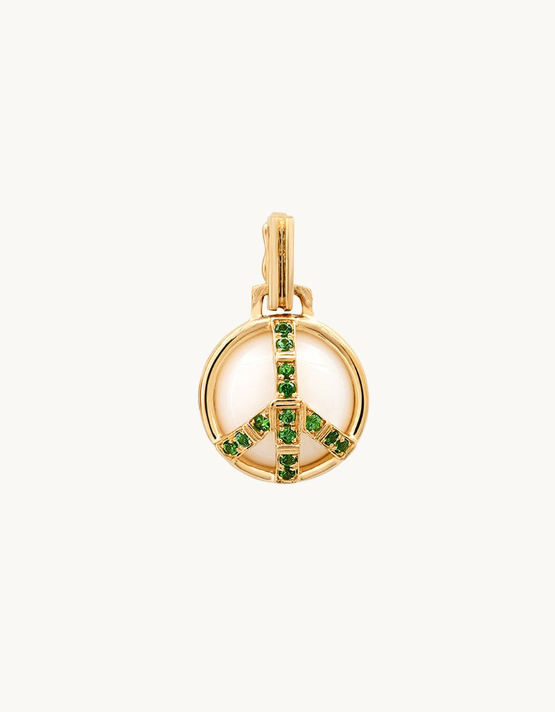 14k Gold peace sign pendant with White Onyx and Tsavorite accents on a light gray background