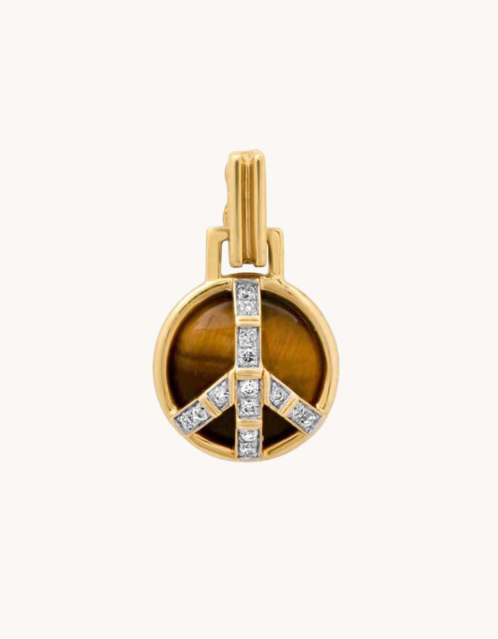 Gold peace sign pendant with a tiger's eye stone and diamond accents on a light gray background