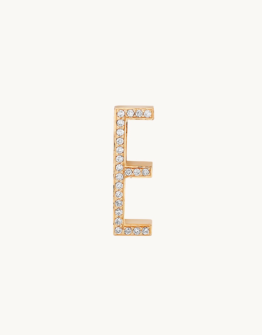 14k Gold letter 'E' charm with a pavé diamond face on a light gray background
