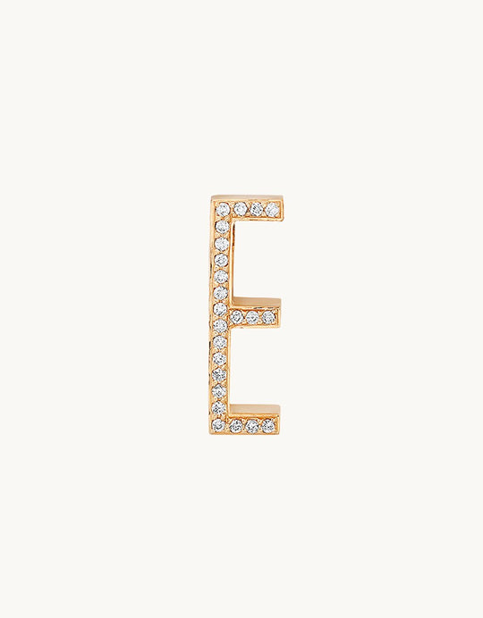 14k Gold letter 'E' charm with a pavé diamond face on a light gray background