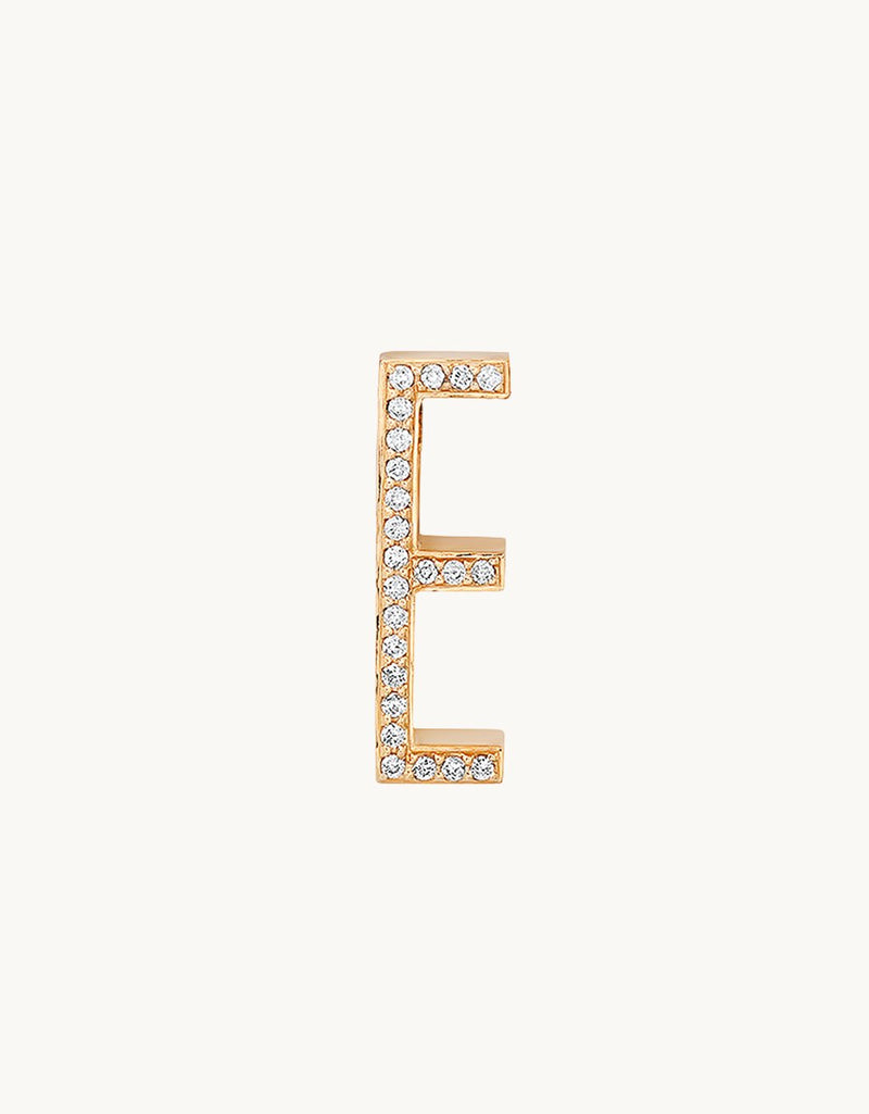 14k Gold letter 'E' charm with a pavé diamond face on a light gray background