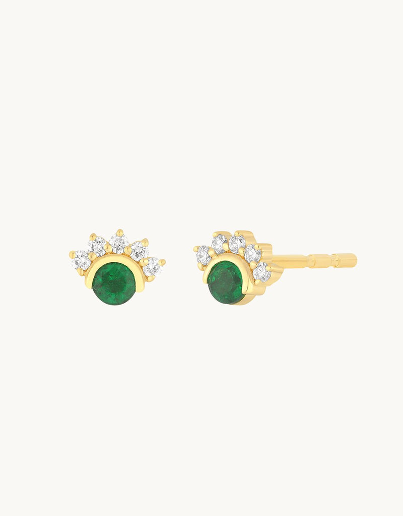 EF Collection 14k Diamond and Emerald Mini Fan Stud Earrings