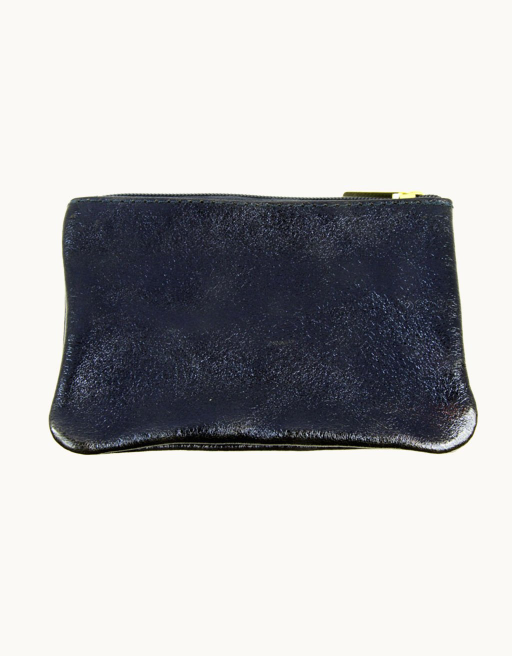 Navy metallic leather pouch with zip top closure on a light gray background