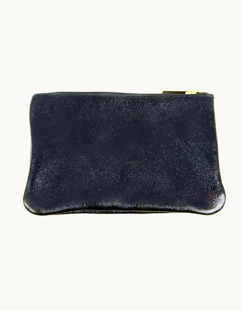 Navy metallic leather pouch with zip top closure on a light gray background