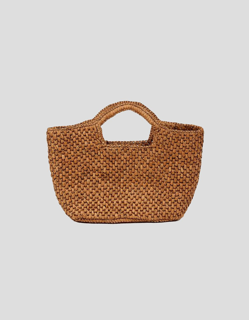 Woven raffia brown handbag with top handles on a light gray background