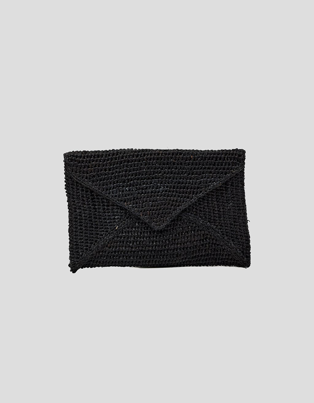 Black woven envelope-shaped clutch on a light gray background