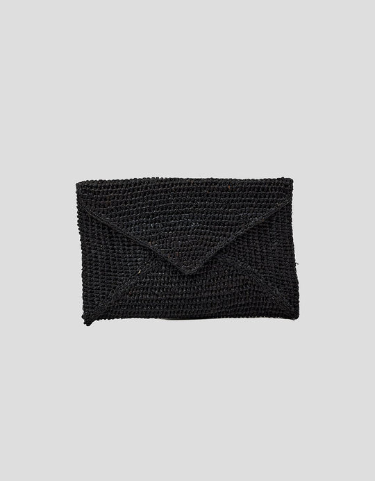 Black woven envelope-shaped clutch on a light gray background