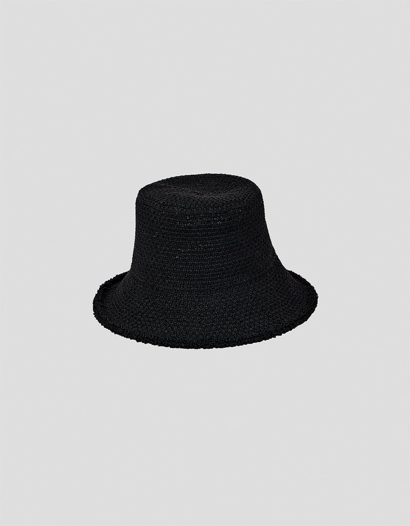 Black woven bucket hat on a light gray background