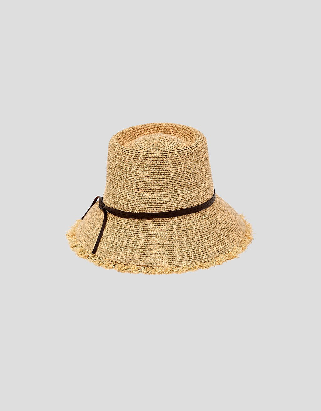 Beige straw hat with a black band on a light gray background