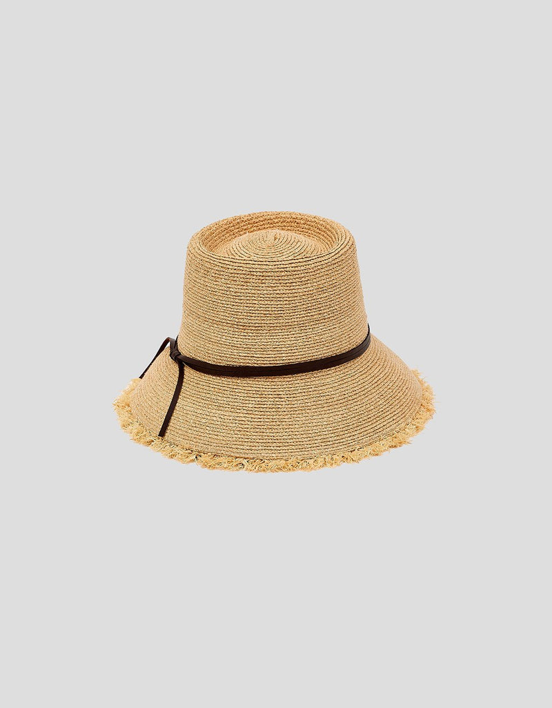 Beige straw hat with a black band on a light gray background