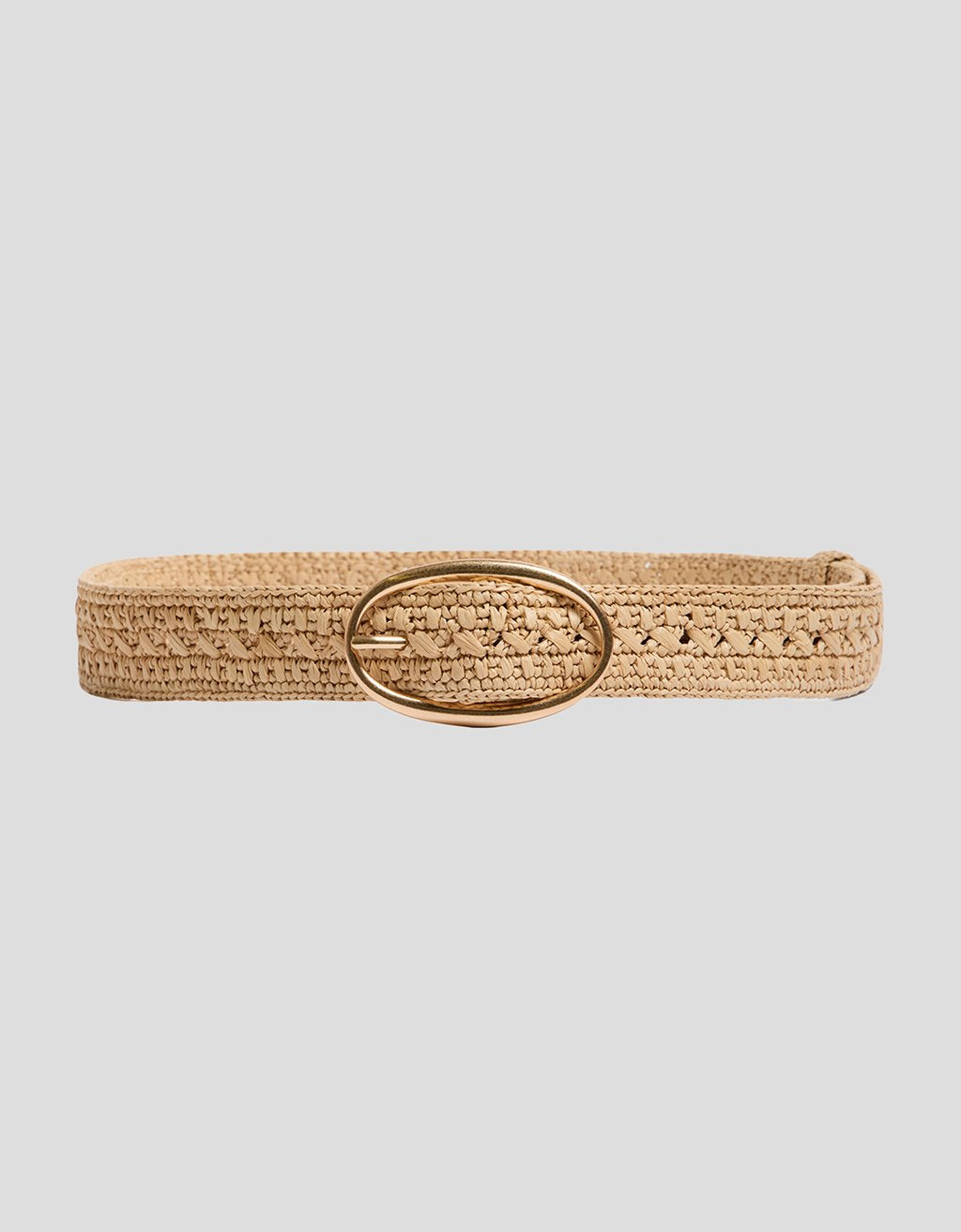 Beige woven belt with a gold ring buckle on a light gray background