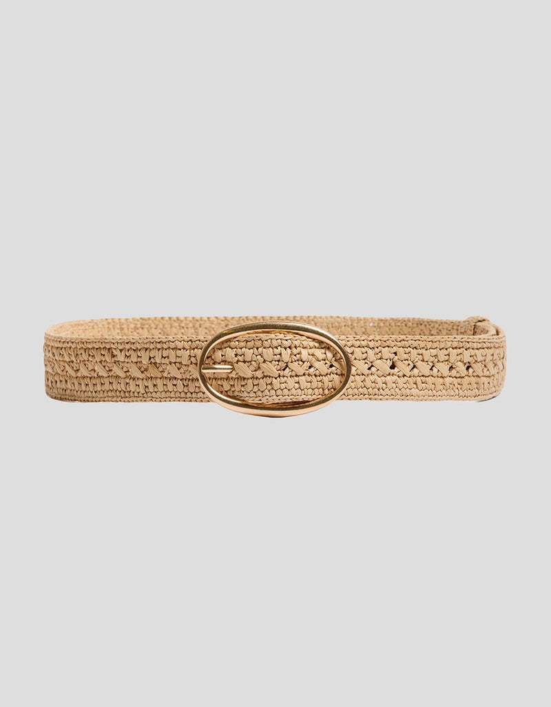 Beige woven belt with a gold ring buckle on a light gray background